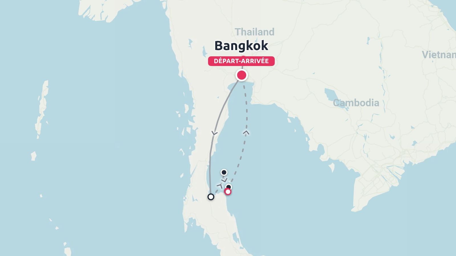 Carte de voyage de la Thaïlande montrant un itinéraire aller-retour commençant et se terminant à Bangkok avec des arrêts dans les îles du sud.