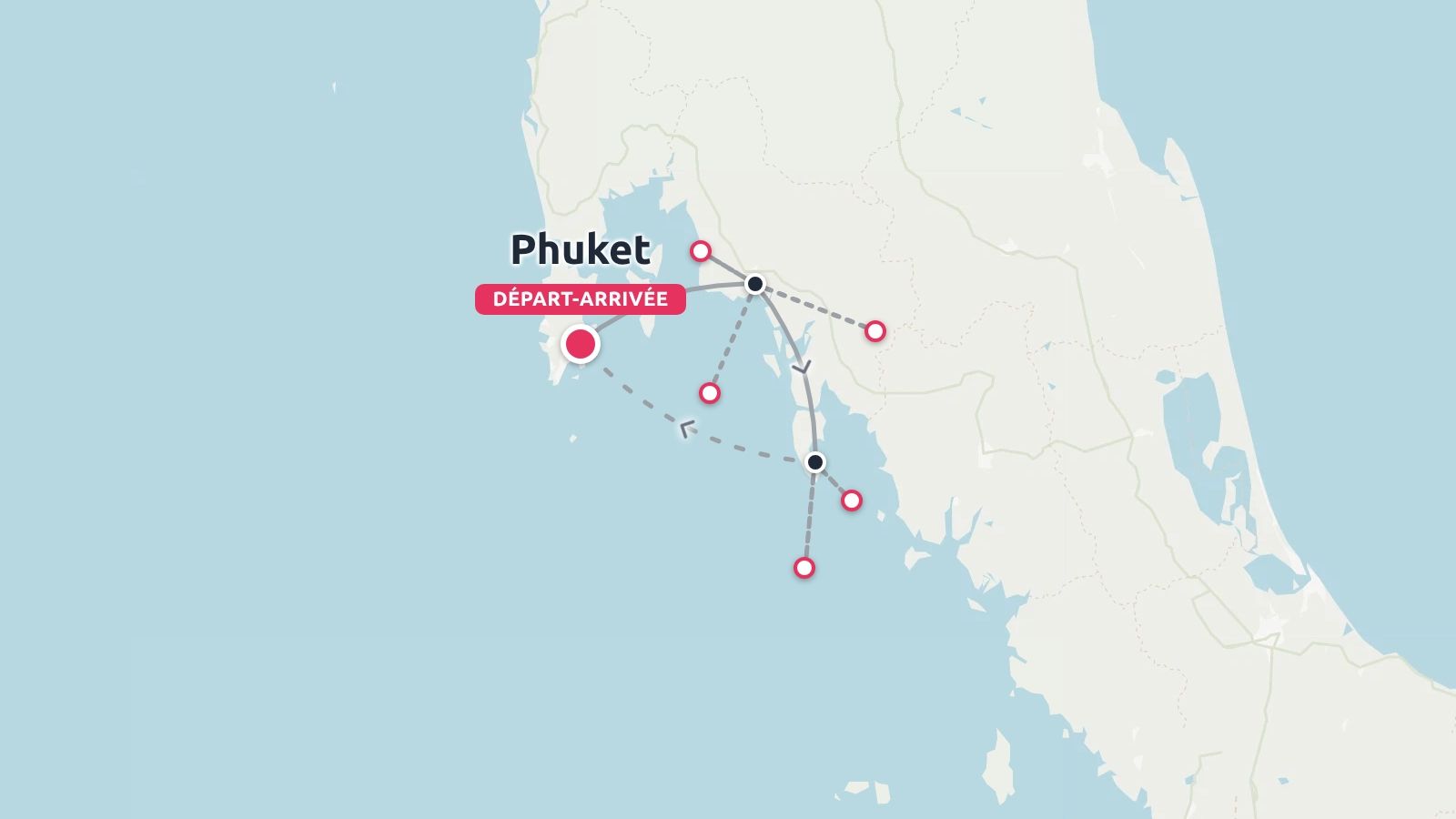 Carte de l'itinéraire de voyage autour de Phuket indiquant le départ, l'arrivée et les arrêts sur les îles reliées par des lignes pointillées
