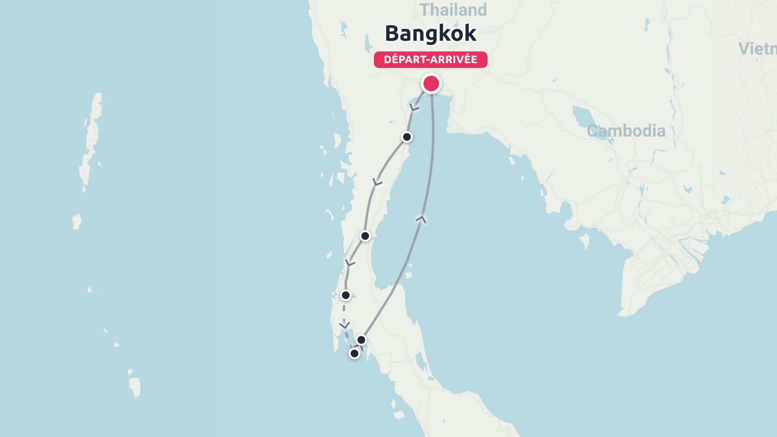 Un itineraire de voyage en Thailande commencant et se terminant a Bangkok, retraçant les arrets le long de la peninsule du sud.