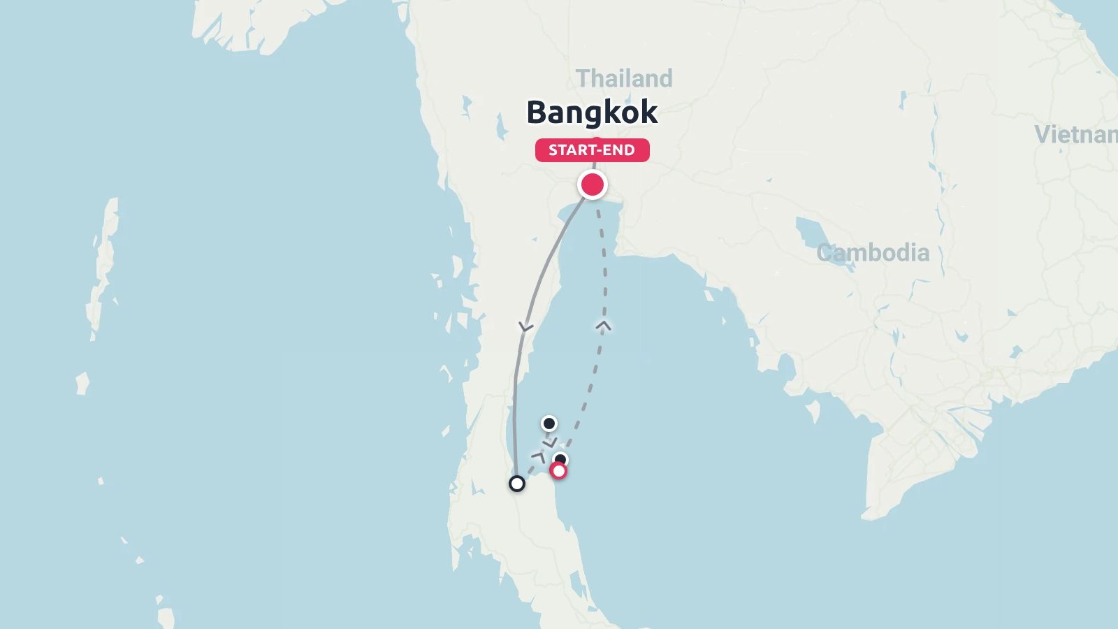 Travel route map of Thailand indicating a round-trip journey starting and ending in Bangkok.