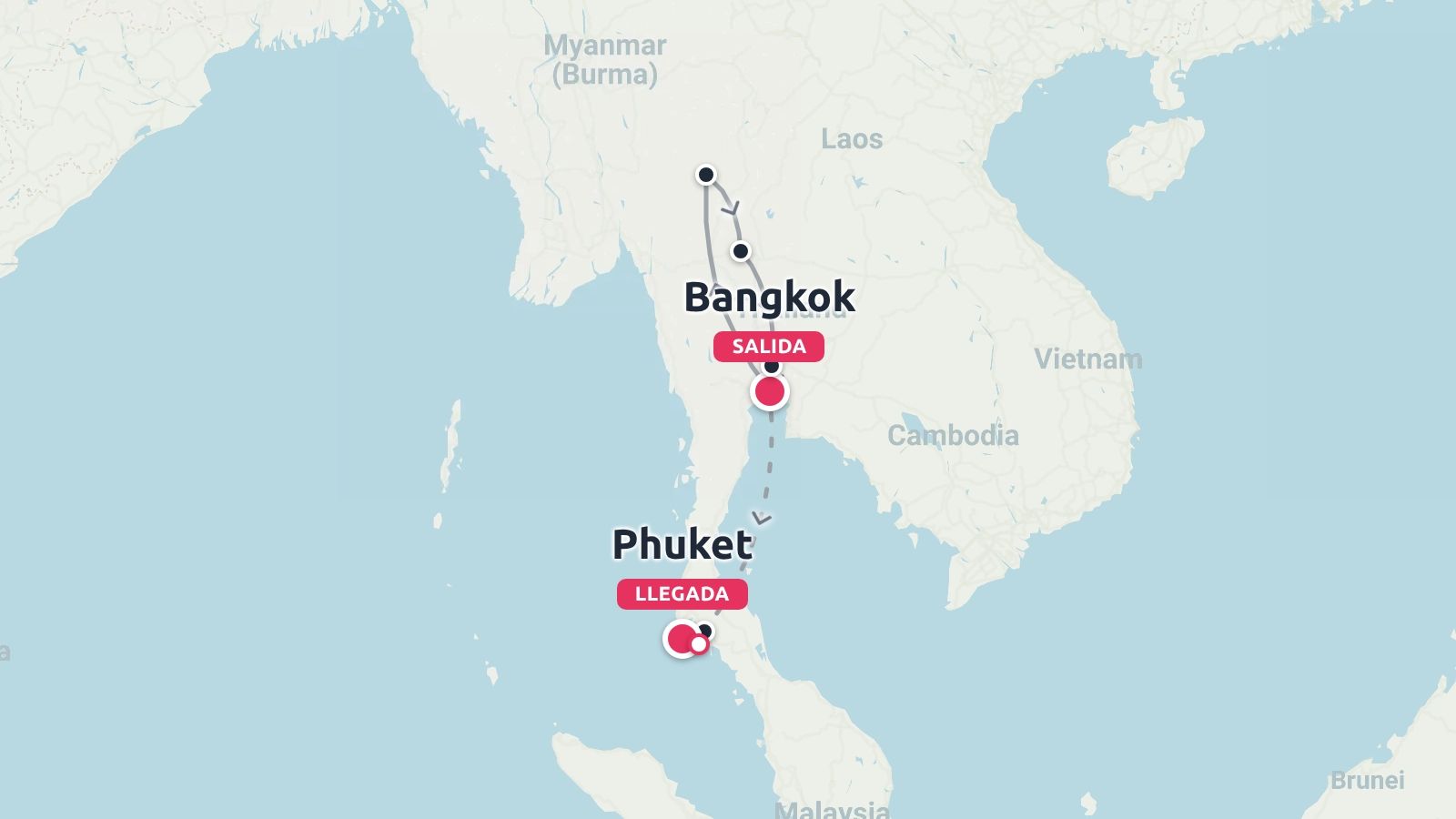 Mapa de la ruta de viaje por Tailandia que indica un viaje que empieza en Bangkok y termina en Phuket