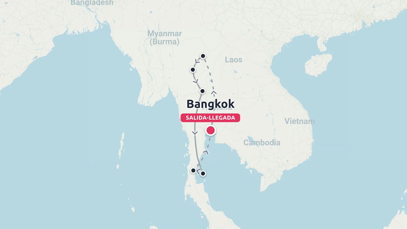 Un mapa de ruta de viaje de Tailandia que muestra un itinerario de viaje que comienza y termina en Bangkok