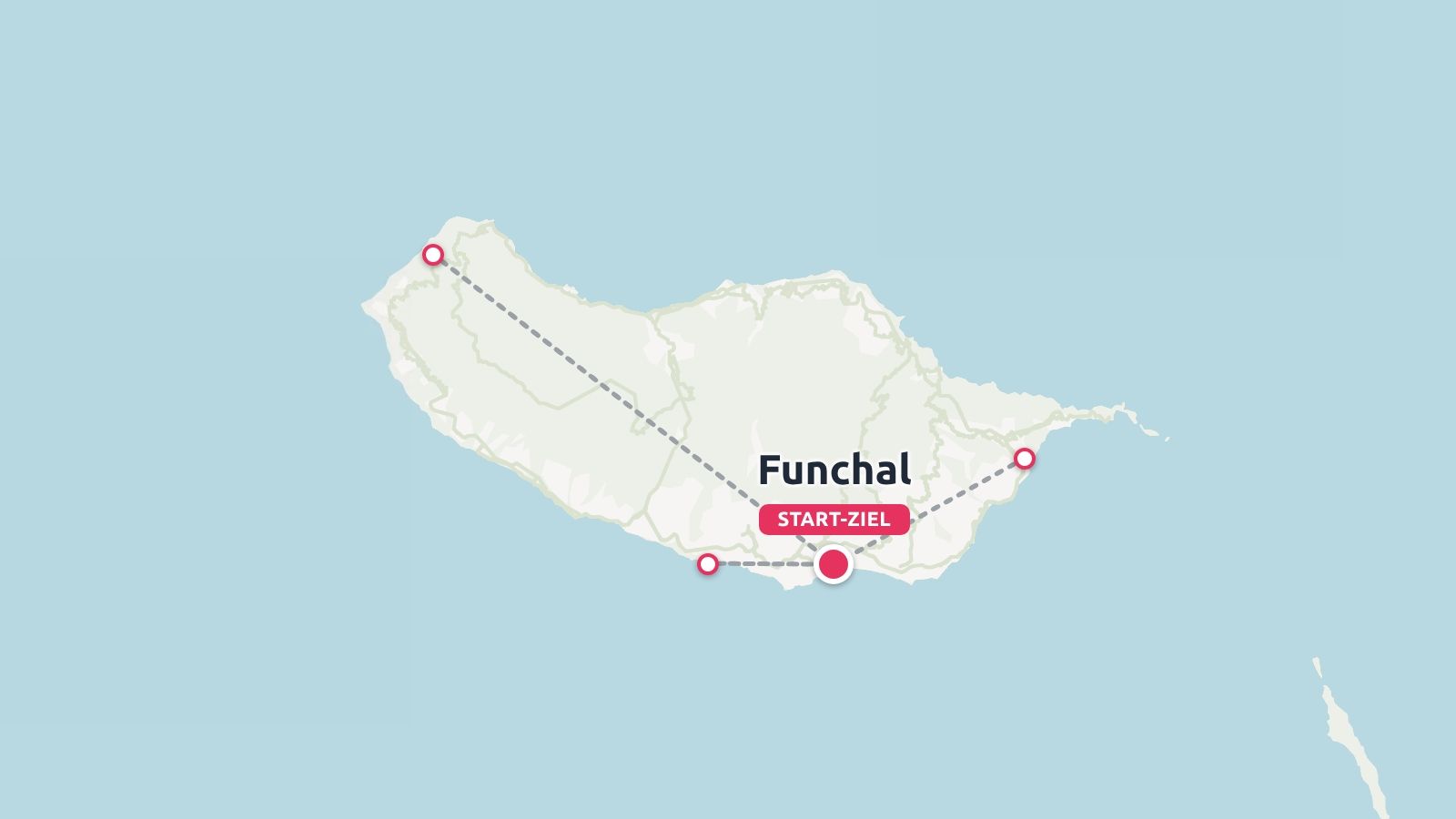 Eine Reiseroute für die Insel Madeira mit Wegpunkten, die in Funchal beginnen und enden.