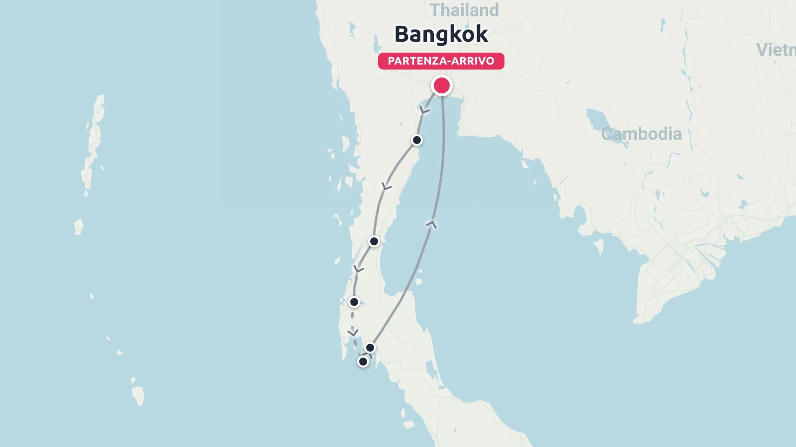 Una mappa dell'itinerario di viaggio in Thailandia che illustra un percorso ad anello con partenza e arrivo a Bangkok