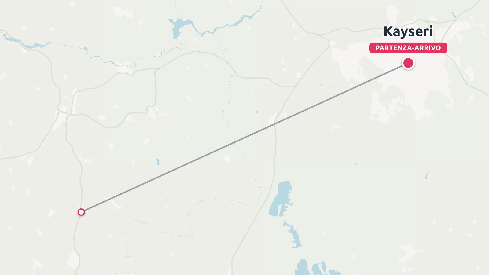 Una mappa dell'itinerario di viaggio che mostra una linea che collega una destinazione a Kayseri, contrassegnata come partenza e arrivo.