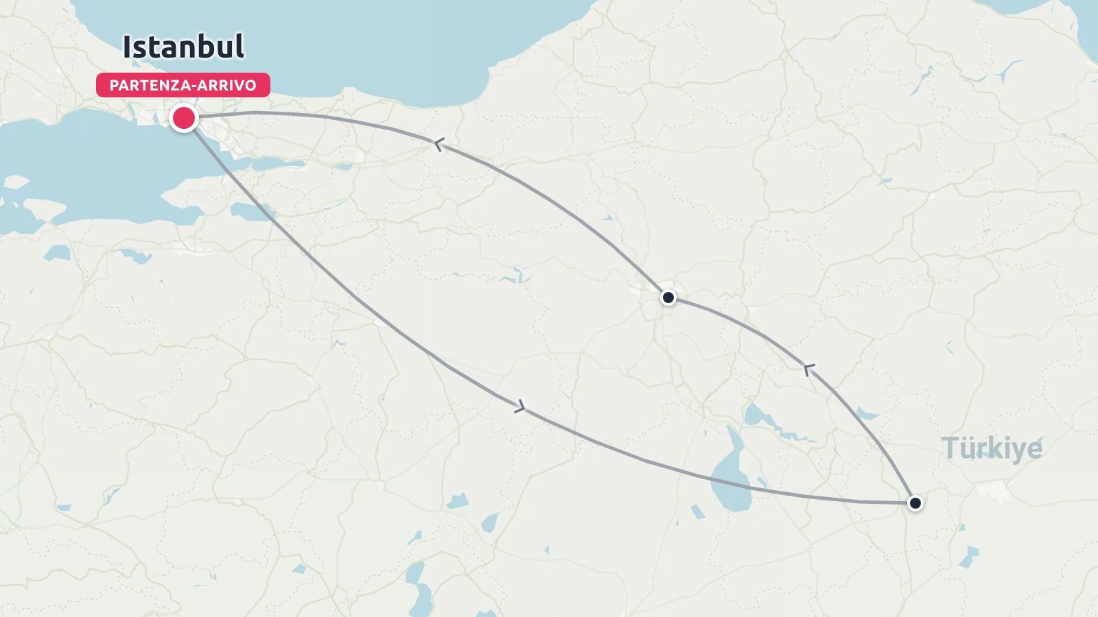 Una mappa di viaggio della Turchia che delinea un itinerario circolare con partenza e arrivo a Istanbul