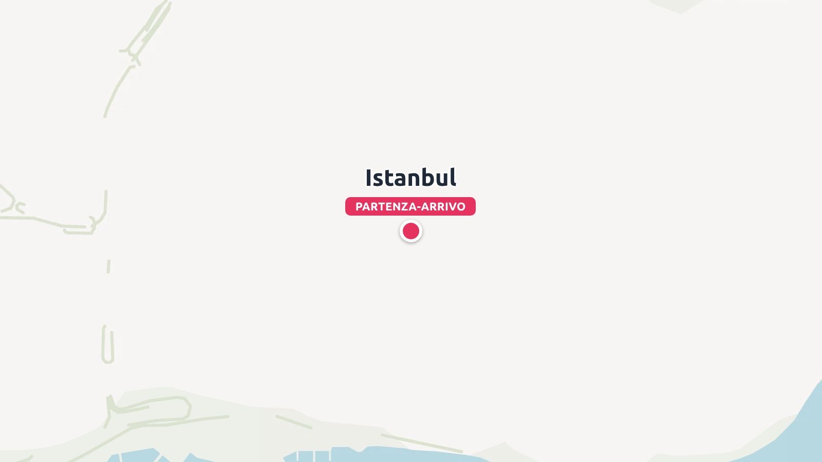 Una mappa di viaggio minimalista che mostra Istanbul contrassegnata con un puntina rossa come punto di partenza e arrivo.