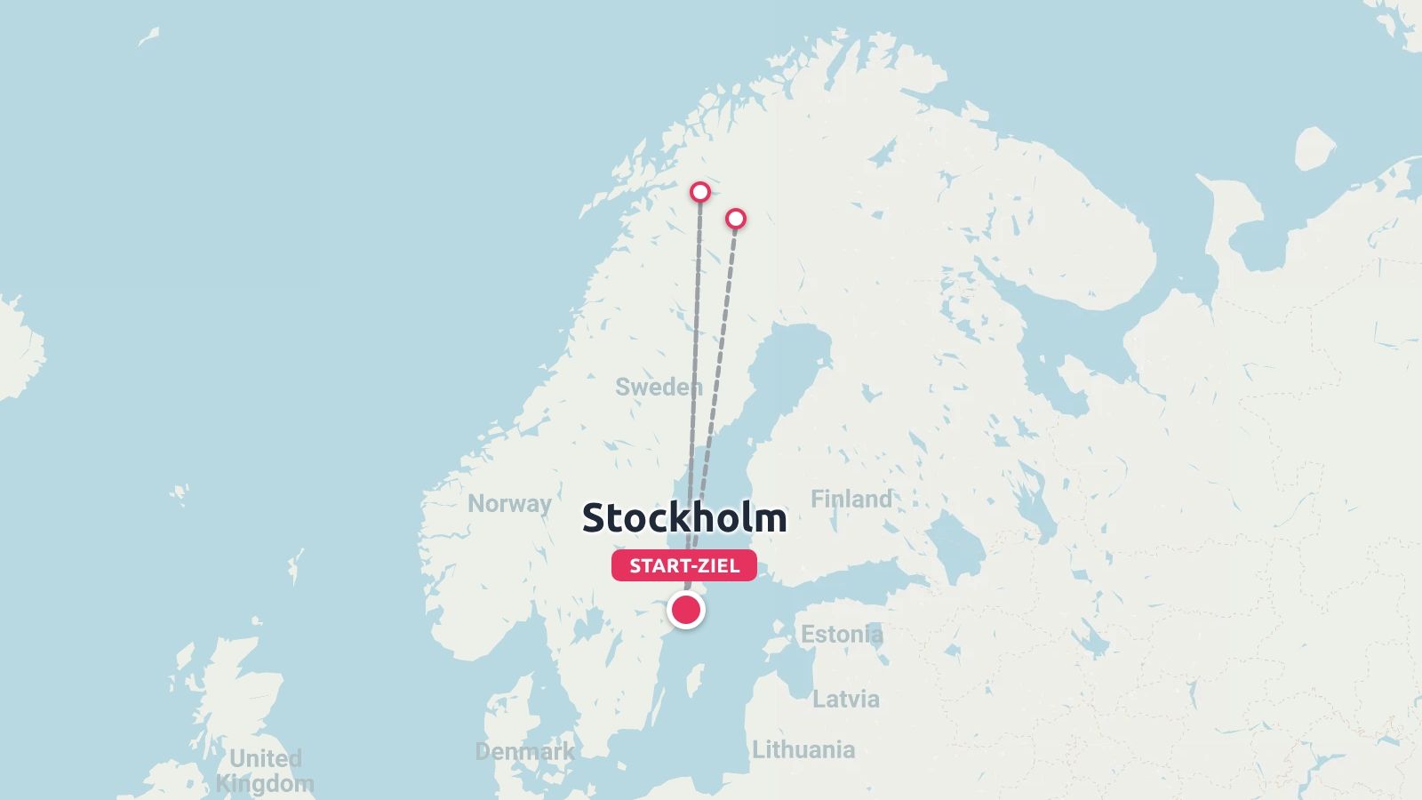 Reiseroute-Karte von Skandinavien mit einer Reise, die in Stockholm, Schweden, beginnt und endet und sich nach Norden bis nach Lappland erstreckt.