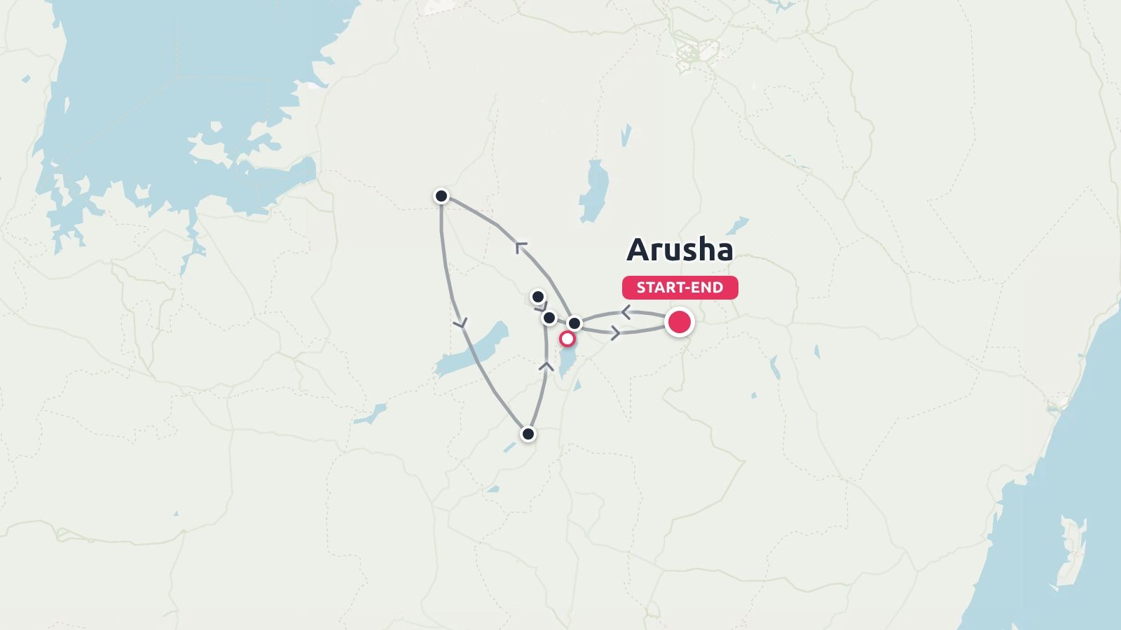 Travel route map showing an itinerary loop starting and ending in Arusha with several destination points.