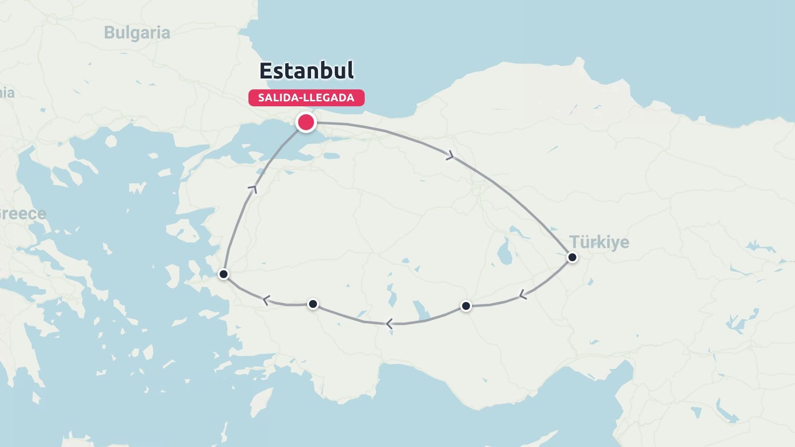 Un mapa que muestra una ruta de viaje circular por Turquía, que comienza y termina en Estambul con paradas en el camino.