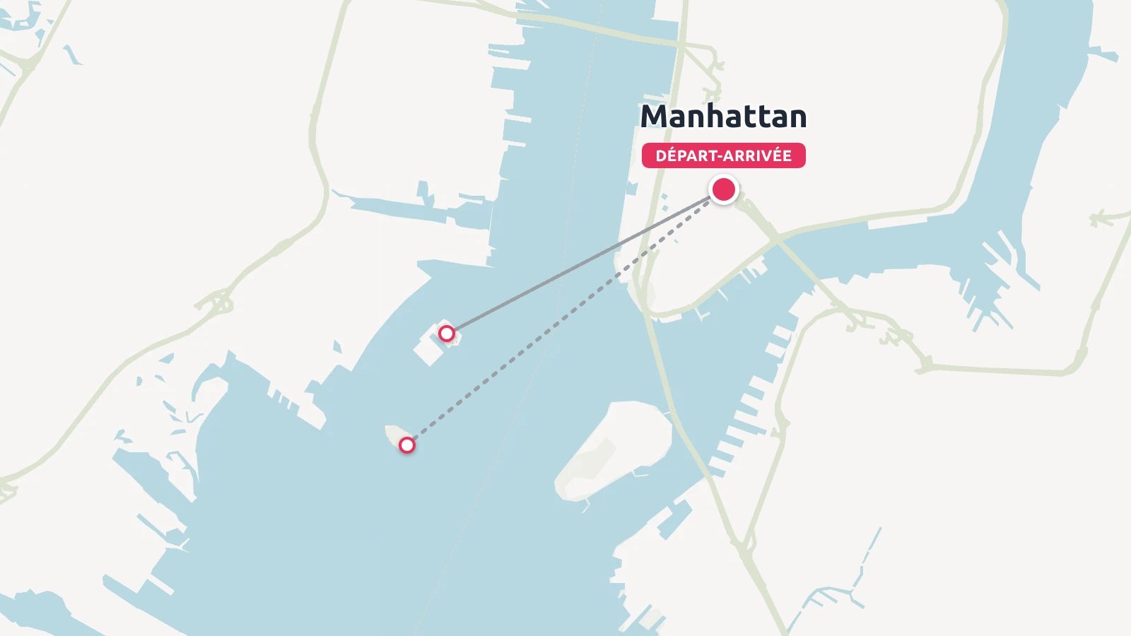 Une carte de Manhattan montrant les lignes d'itinéraire de voyage reliant les îles du port.