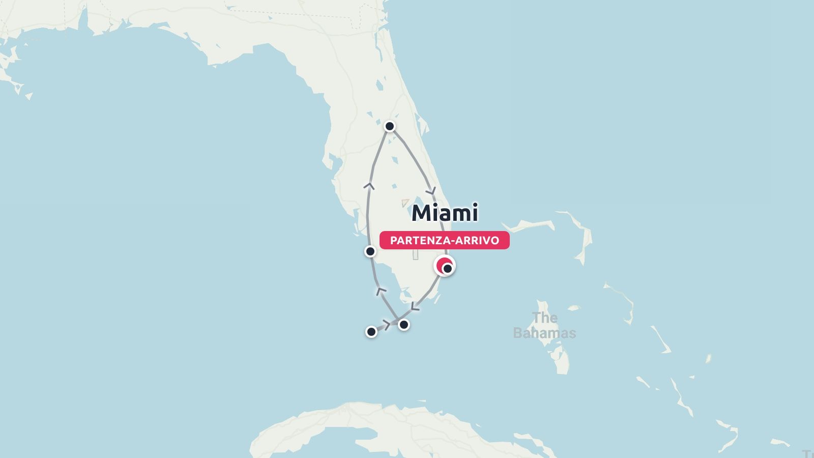 Una mappa della Florida che mostra un itinerario di viaggio con tappe di partenza e arrivo a Miami