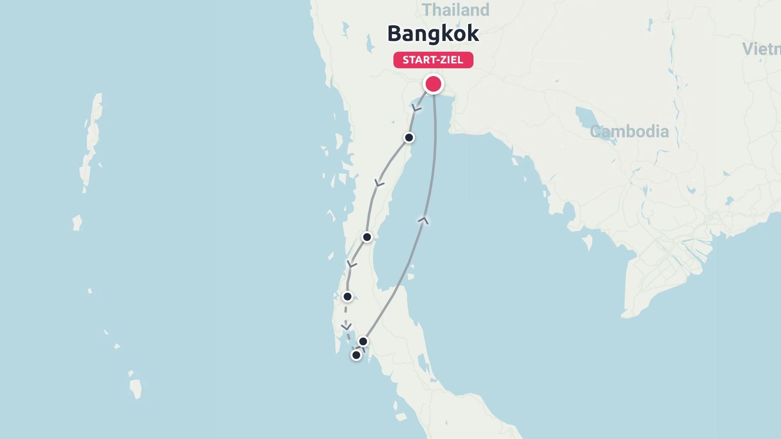 Eine Reiseroute durch Thailand mit einer Schleife beginnend und endend in Bangkok