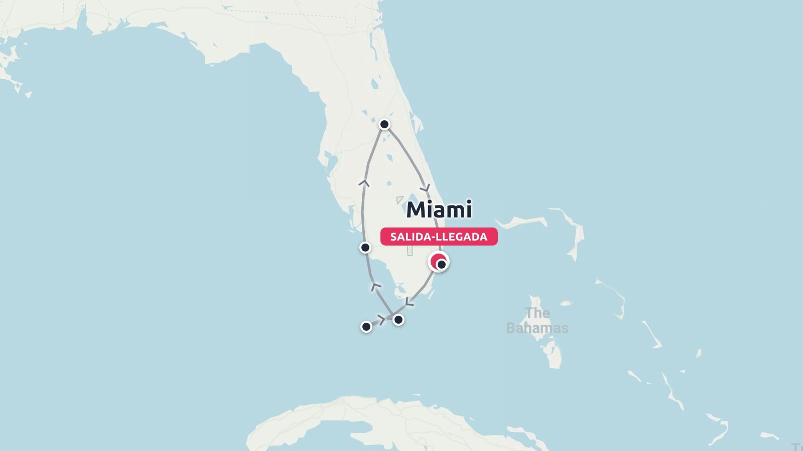 Un mapa de ruta de viaje por Florida que muestra un itinerario de ida y vuelta con salida y llegada en Miami.
