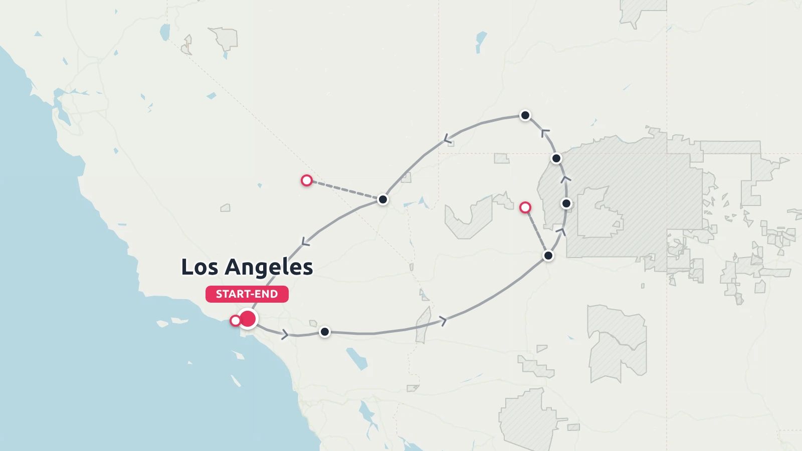 A travel itinerary map displaying a circular route starting and ending in Los Angeles with multiple marked stops.