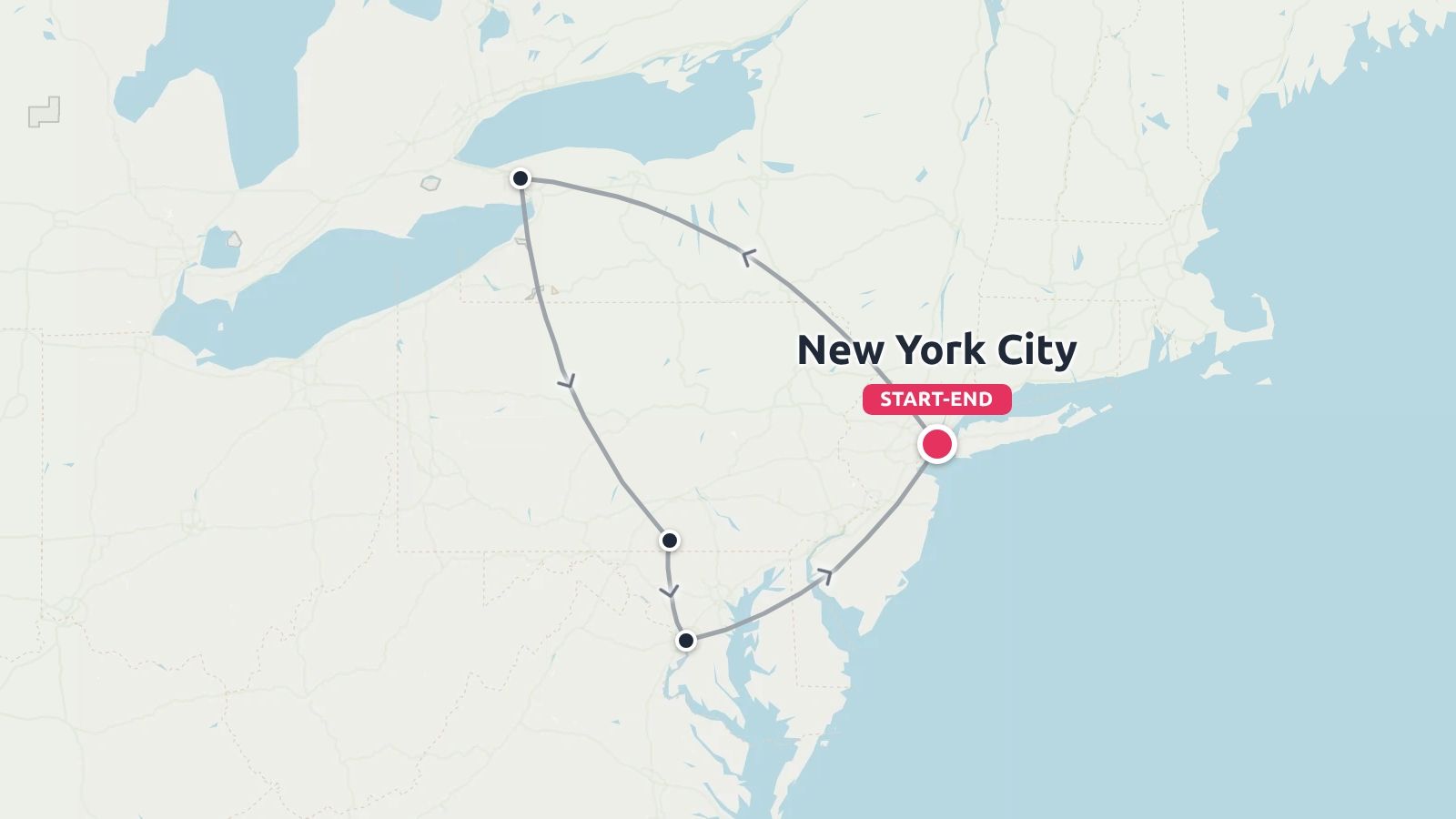A travel route map showing a circular itinerary starting and ending in New York City across the northeastern United States.