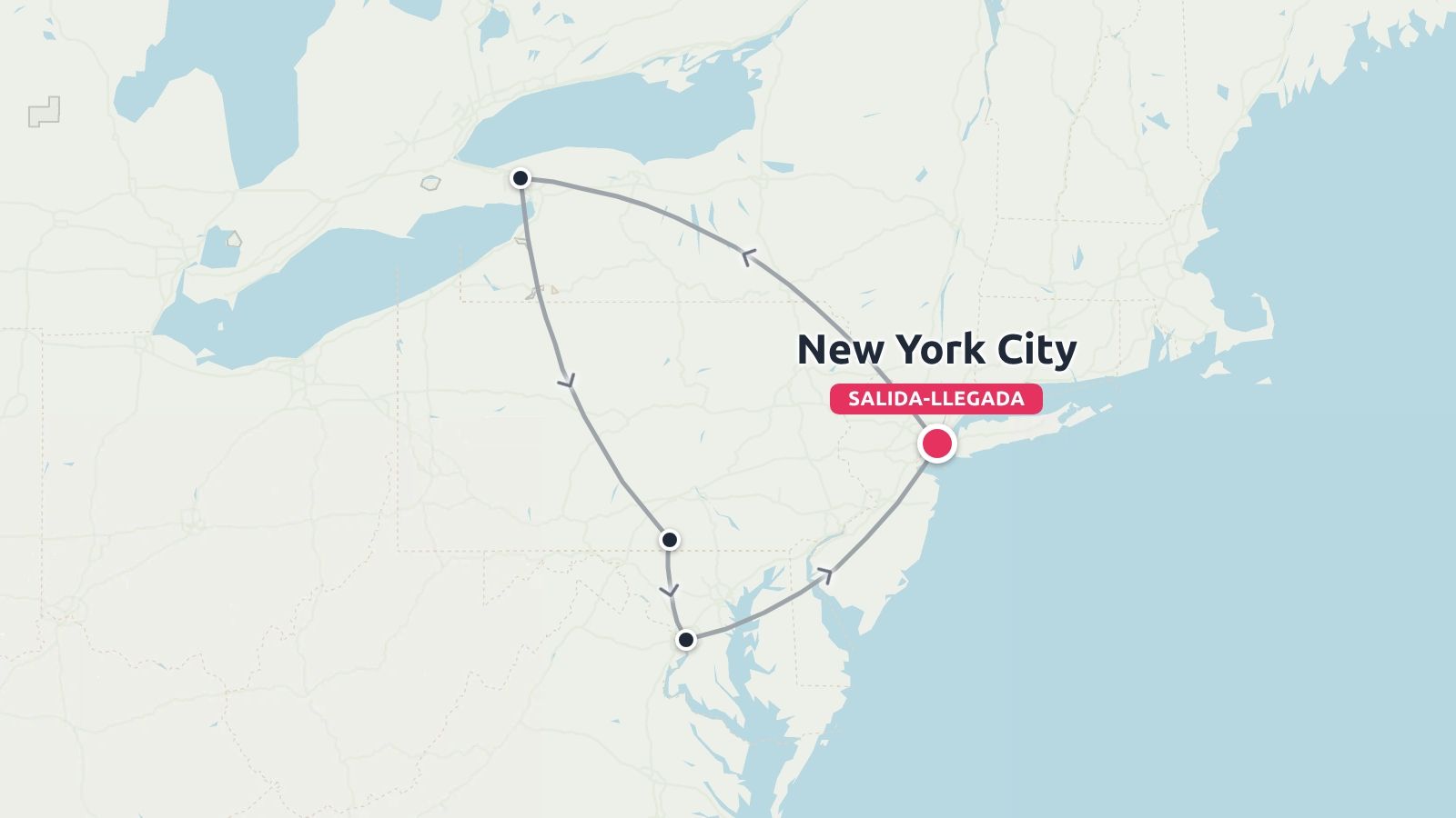 Una ruta de viaje que empieza y termina en la ciudad de Nueva York, haciendo un recorrido por el noreste de Estados Unidos.