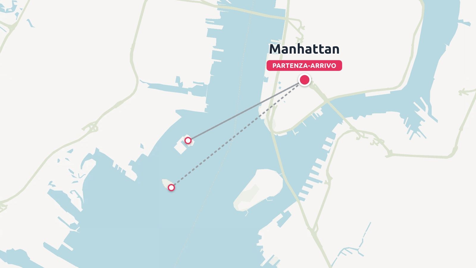 Una mappa dell'itinerario di viaggio che mostra le fermate nel porto di New York con partenza e arrivo a Manhattan.