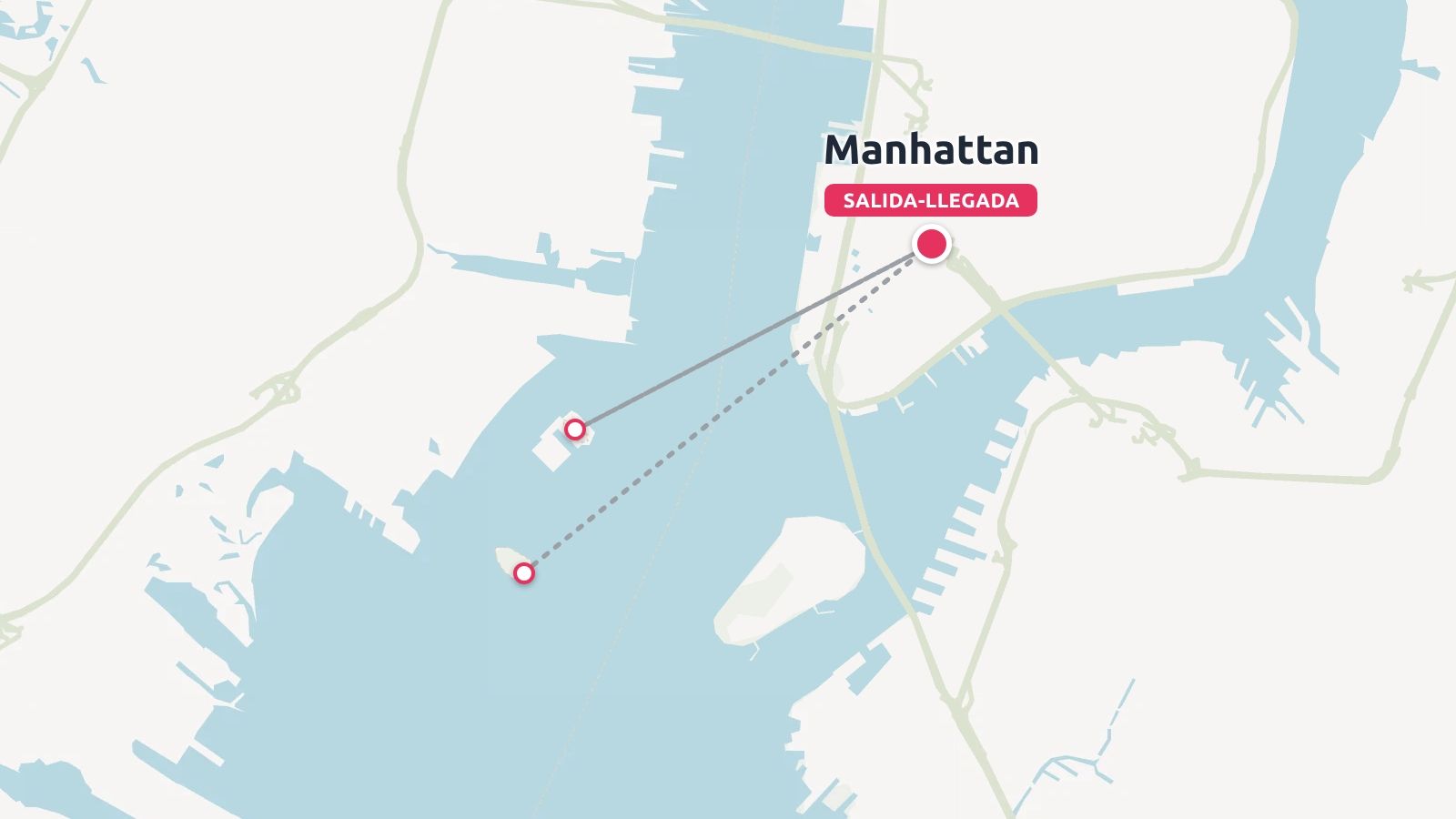 Un mapa de ruta de viaje por Manhattan que muestra un punto de inicio y final conectados a través del agua