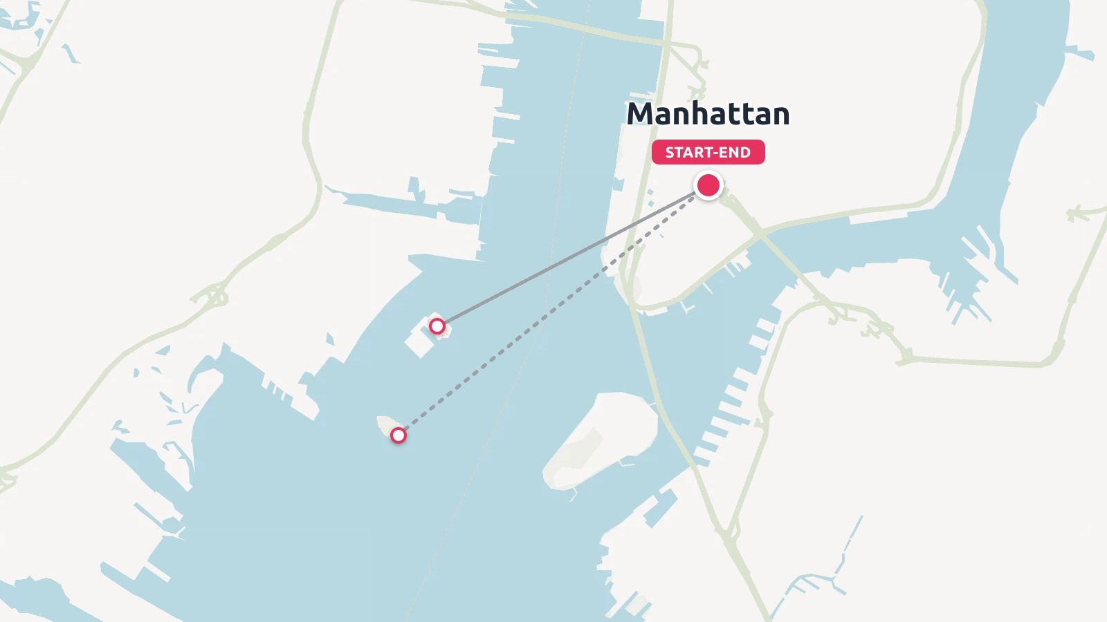 A map route showing travel connections between Manhattan and islands in the harbor, labeled with a start and end point.