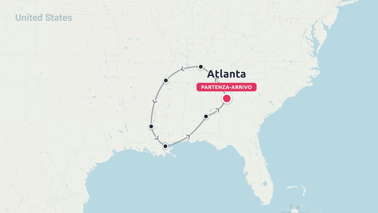 Un itinerario di viaggio nel sud-est degli Stati Uniti con partenza e arrivo ad Atlanta e diverse tappe