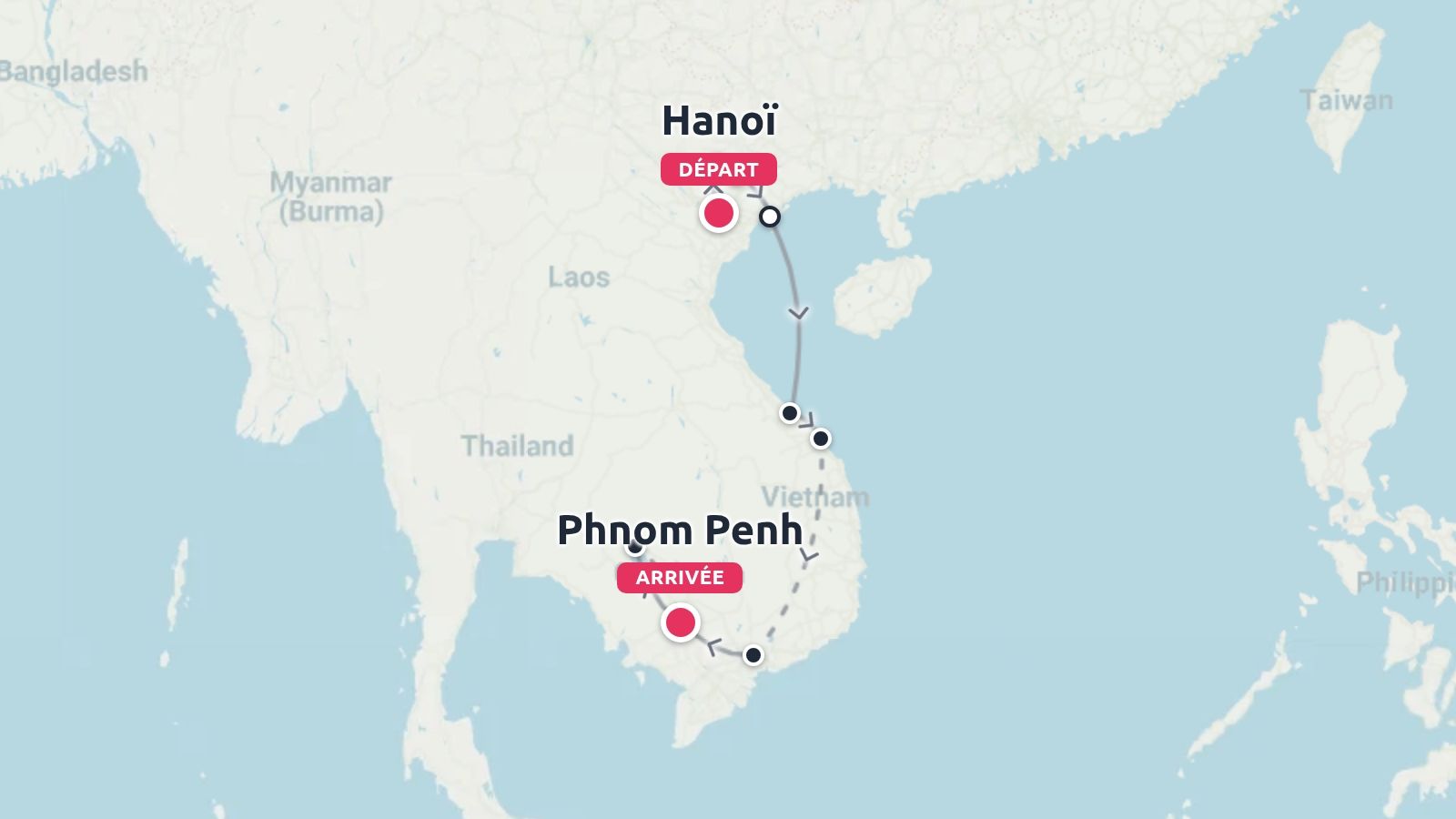 Une carte d'itinéraire de voyage montrant un trajet commençant à Hanoï, au Viêt Nam, et se terminant à Phnom Penh, au Cambodge.