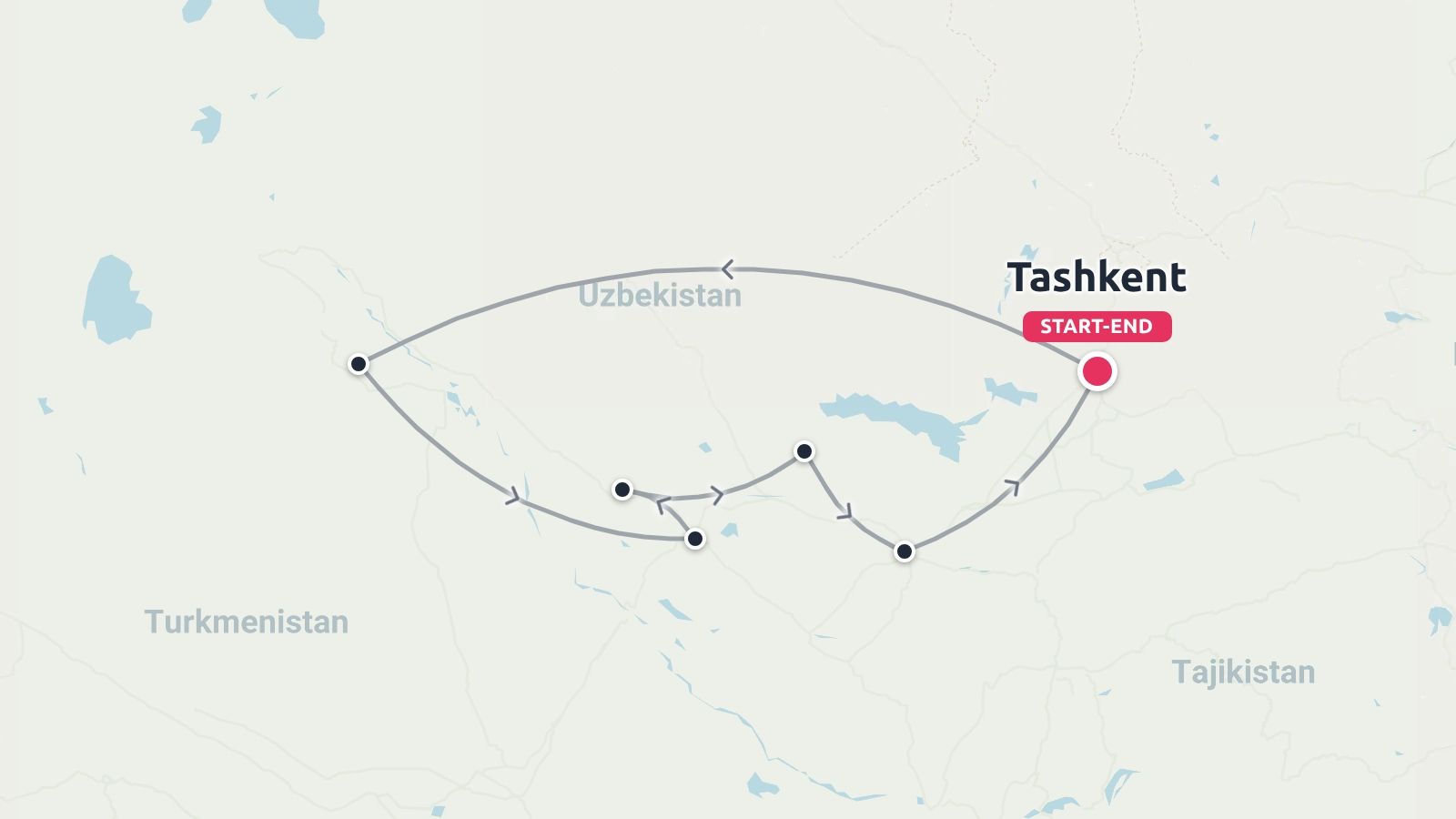 Travel route map across Uzbekistan starting and ending in Tashkent, showing route stops across neighboring regions.