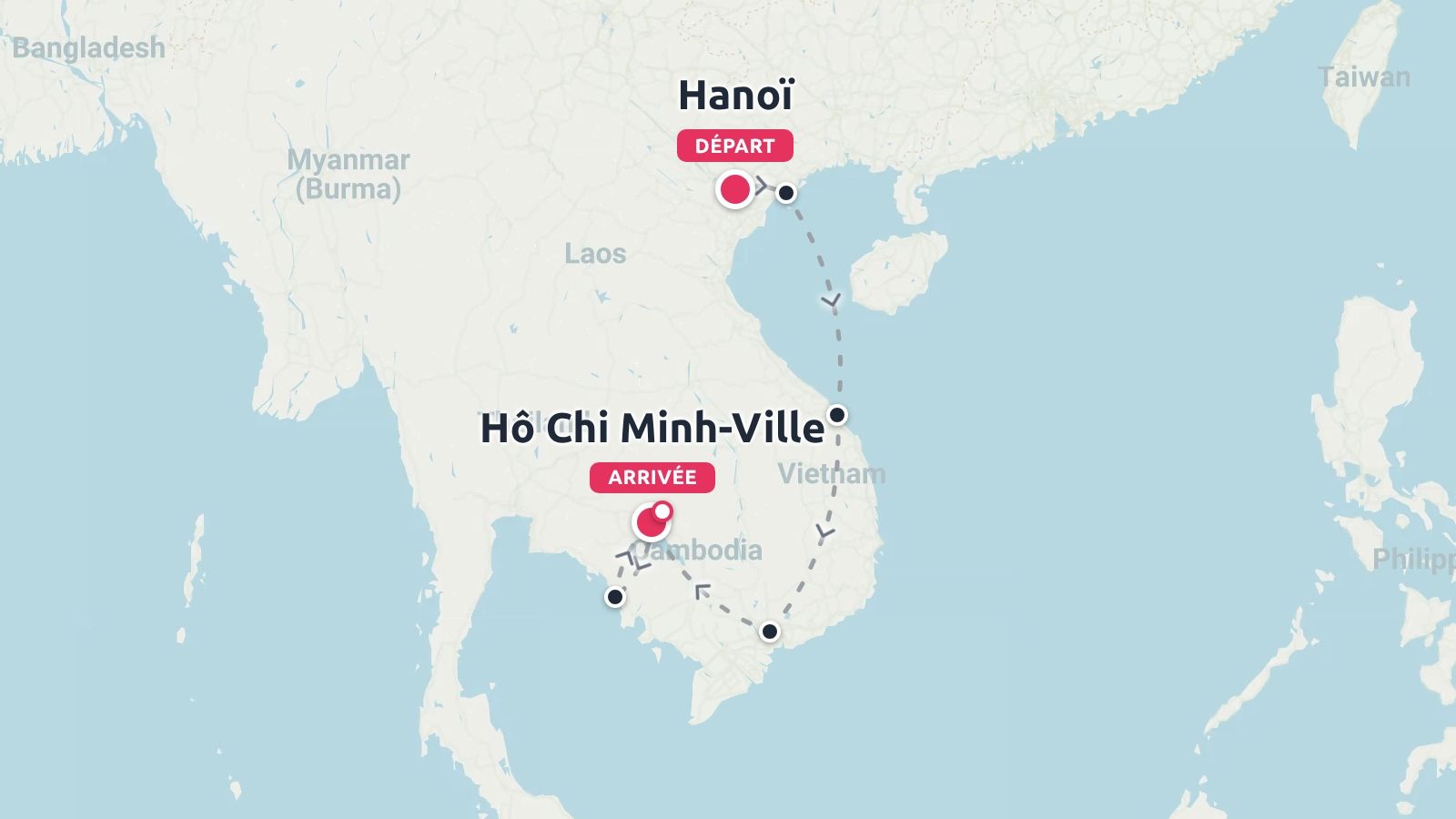 Une carte d'itinéraire de voyage montrant un parcours au départ de Hanoï et se terminant à Hô Chi Minh-Ville à travers le Vietnam et le Cambodge