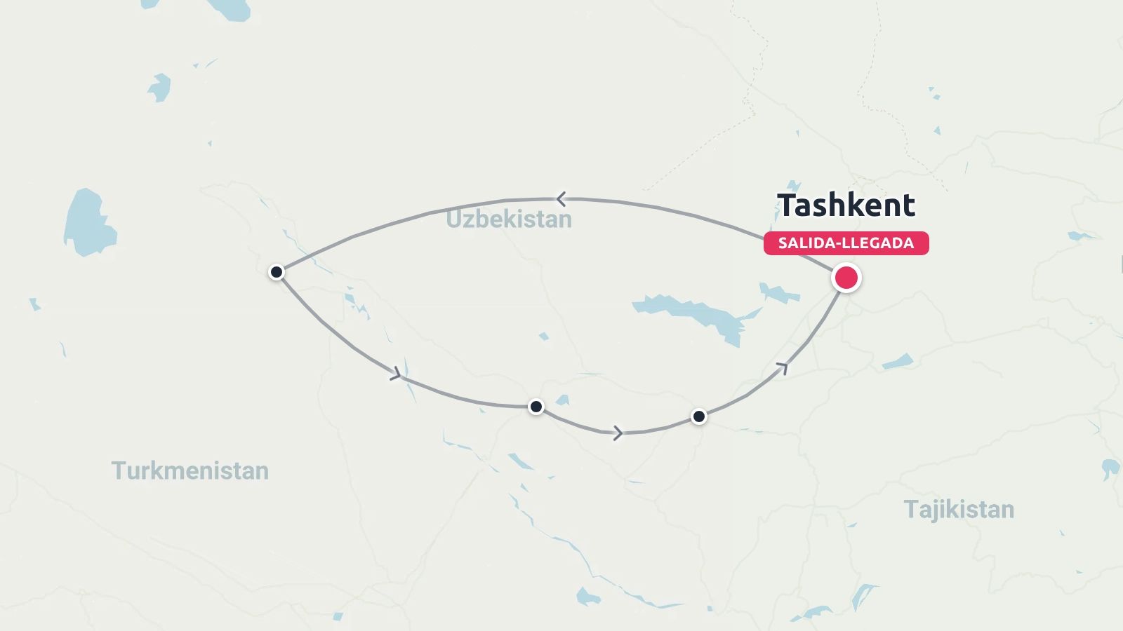 Una ruta de viaje por Uzbekistán que empieza y termina en Taskent con múltiples paradas en un recorrido circular.