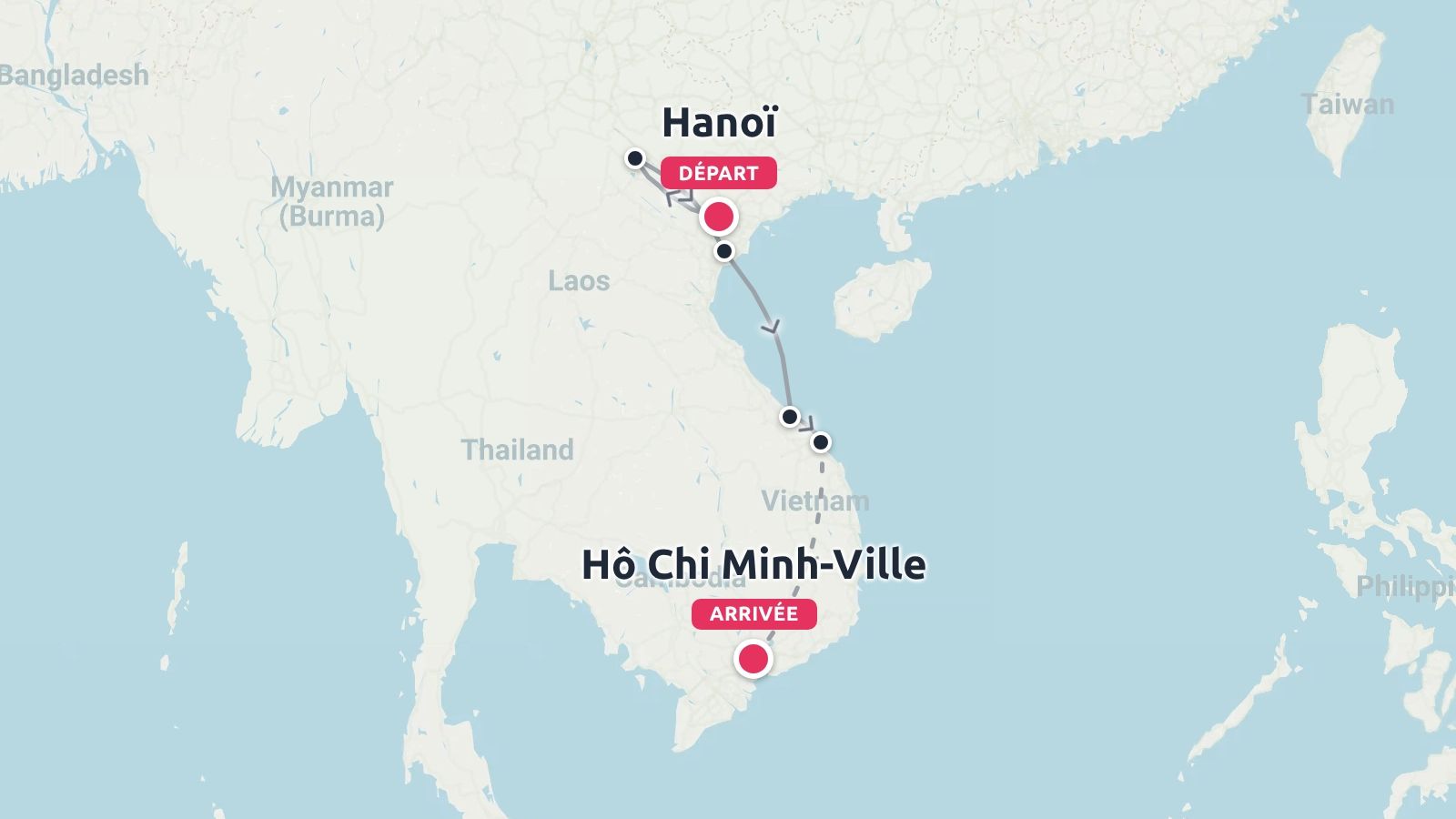 Un itinéraire de voyage à travers le Vietnam au départ de Hanoï et jusqu'à Hô Chi Minh-Ville.