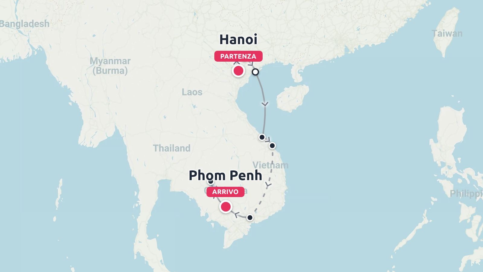Mappa di viaggio che mostra un itinerario da Hanoi a Phnom Penh attraverso il Vietnam e la Cambogia nel sud-est asiatico.
