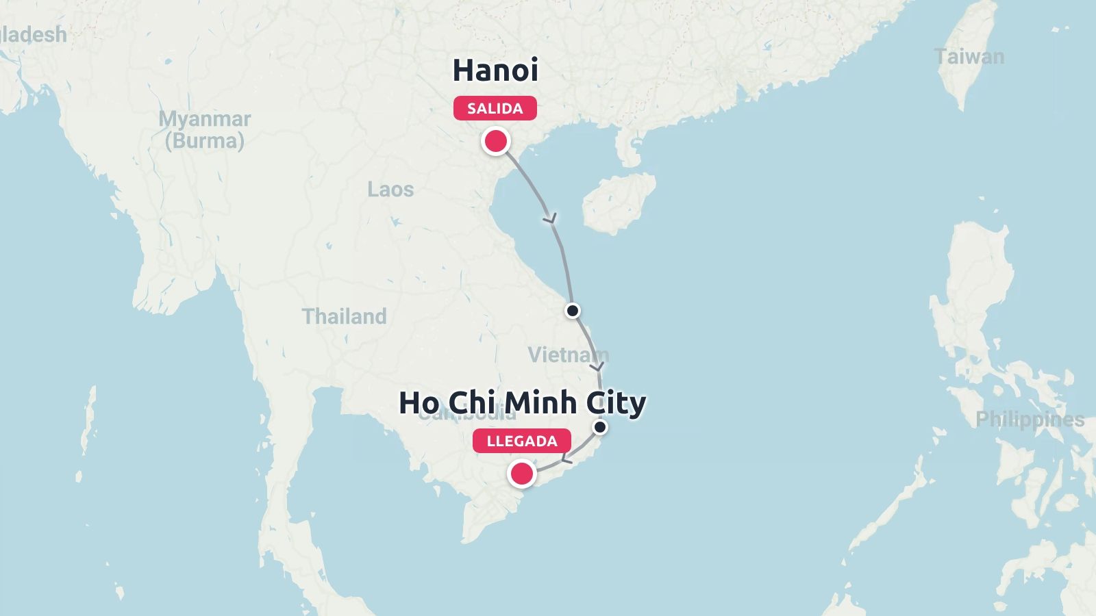 Un mapa de la ruta de viaje por Vietnam que traza un camino desde Hanói en el norte hasta Ciudad Ho Chi Minh en el sur