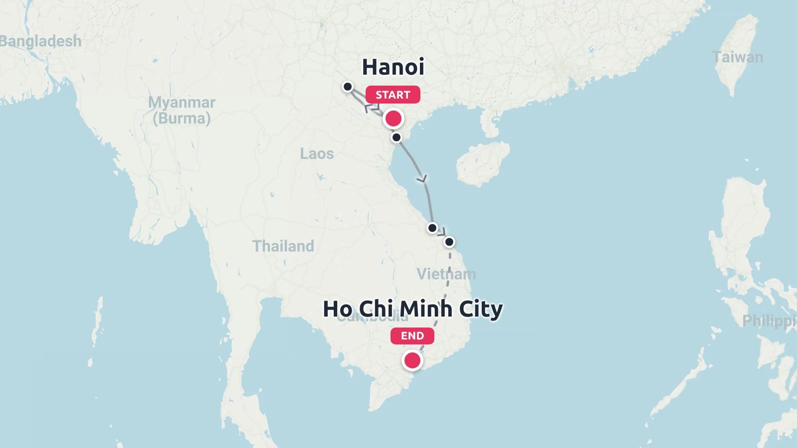 A travel itinerary map of Vietnam showing a route starting in Hanoi and ending in Ho Chi Minh City.
