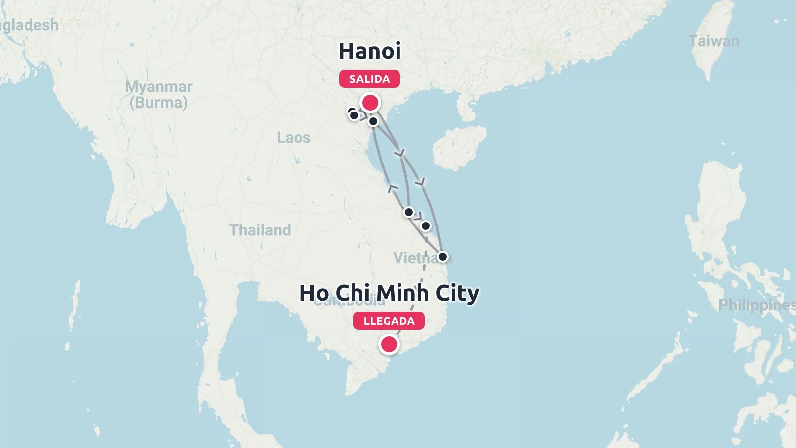 Un mapa de Vietnam que muestra una ruta de viaje desde Hanói en el norte hasta Ciudad Ho Chi Minh en el sur