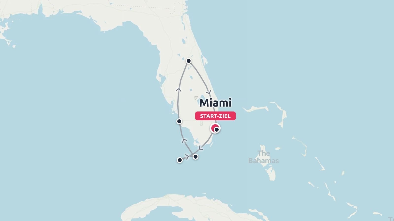Eine Reiseroute durch Florida, die eine Rundreise mit Start und Ziel in Miami zeigt.