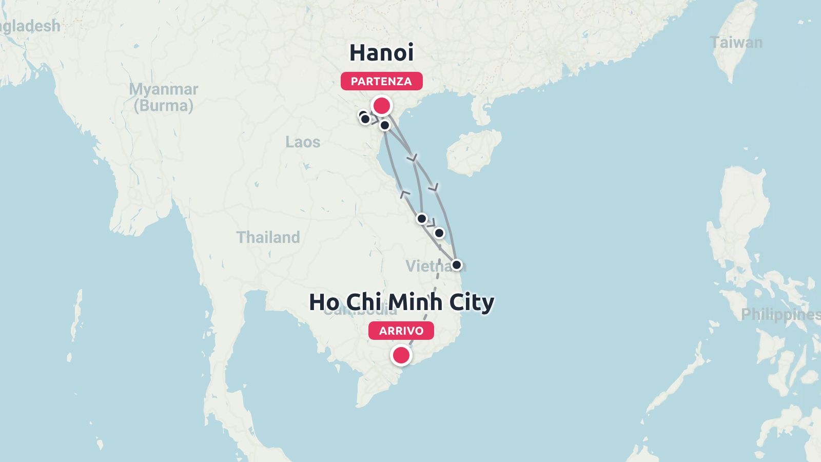 Mappa dell'itinerario di viaggio in Vietnam che collega Hanoi all'inizio a Ho Chi Minh City alla fine