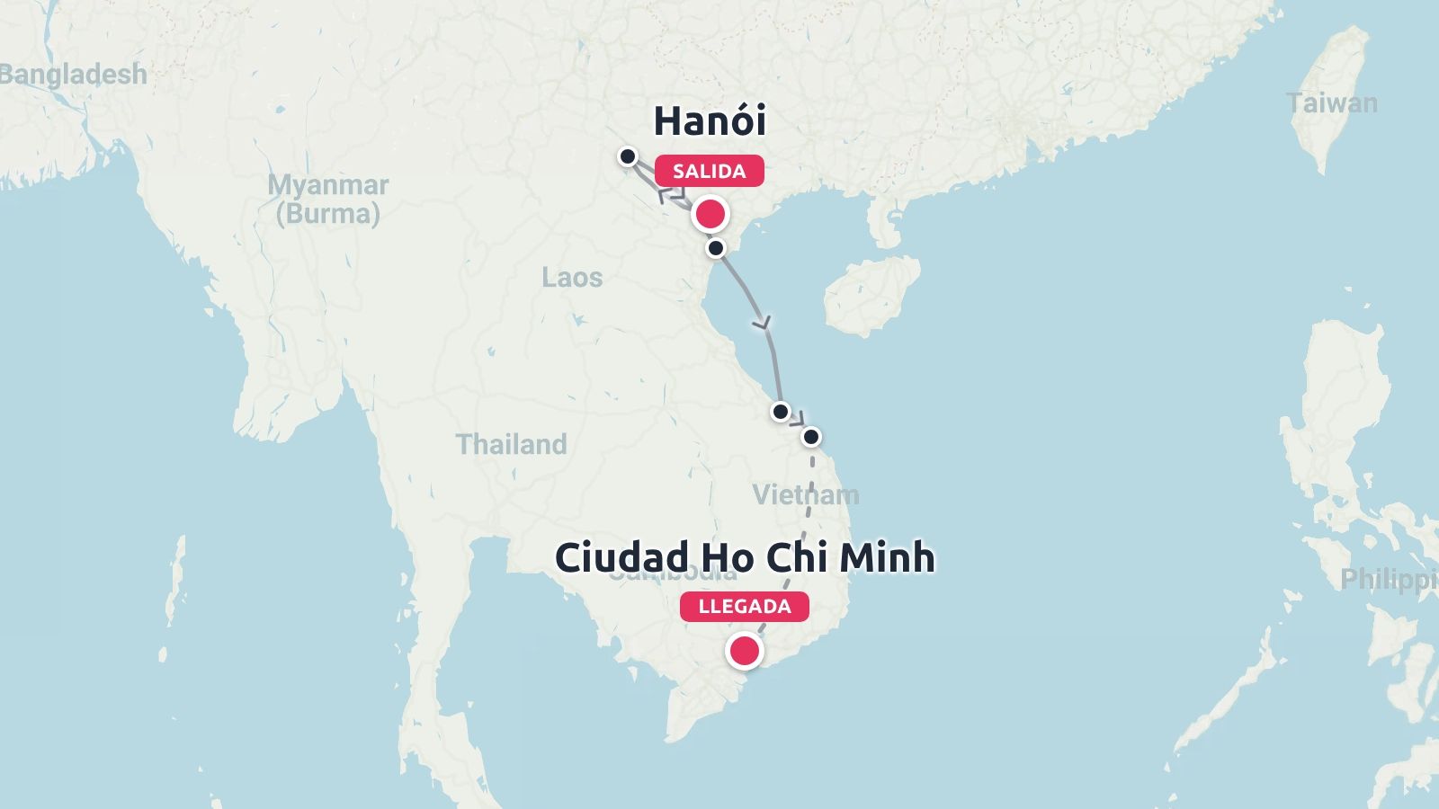 Un mapa de ruta de viaje por Vietnam que muestra un itinerario desde la salida en Hanói hasta la llegada a Ciudad Ho Chi Minh