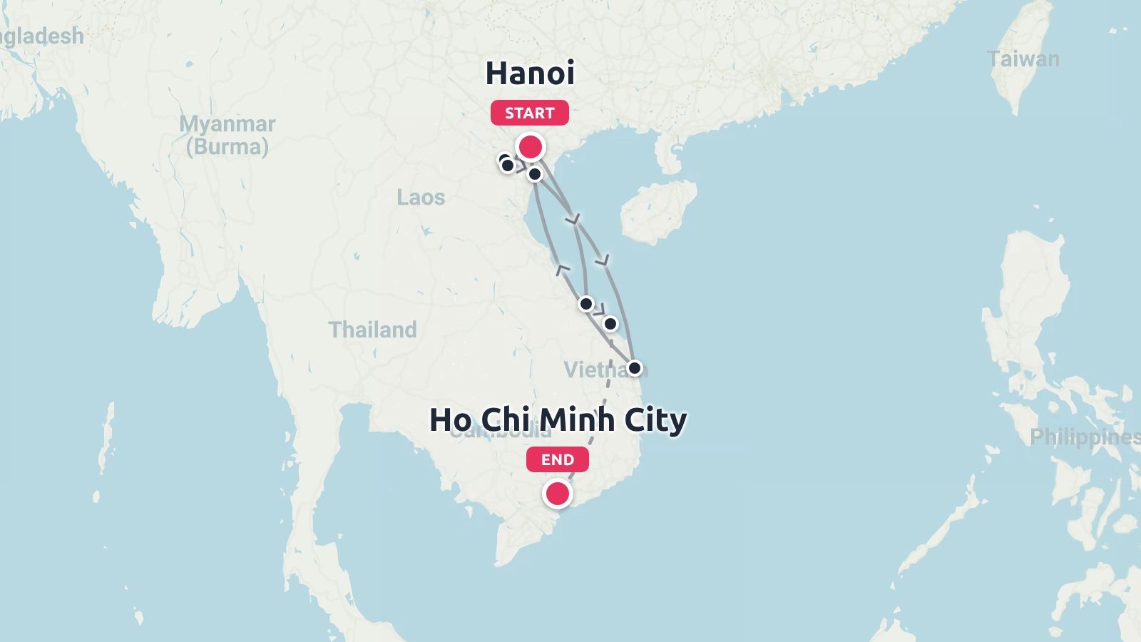 Travel route map of Vietnam with waypoints connecting Hanoi as the start point and Ho Chi Minh City as the end point.