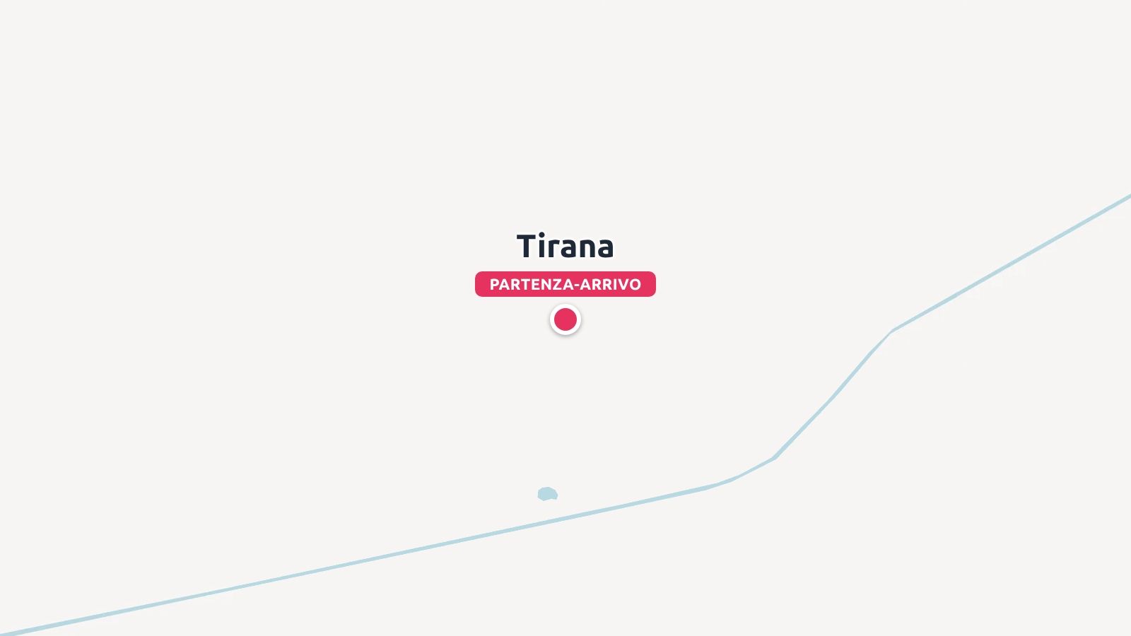 Una mappa di viaggio che evidenzia Tirana contrassegnata con un segnaposto di punto di partenza e di arrivo.