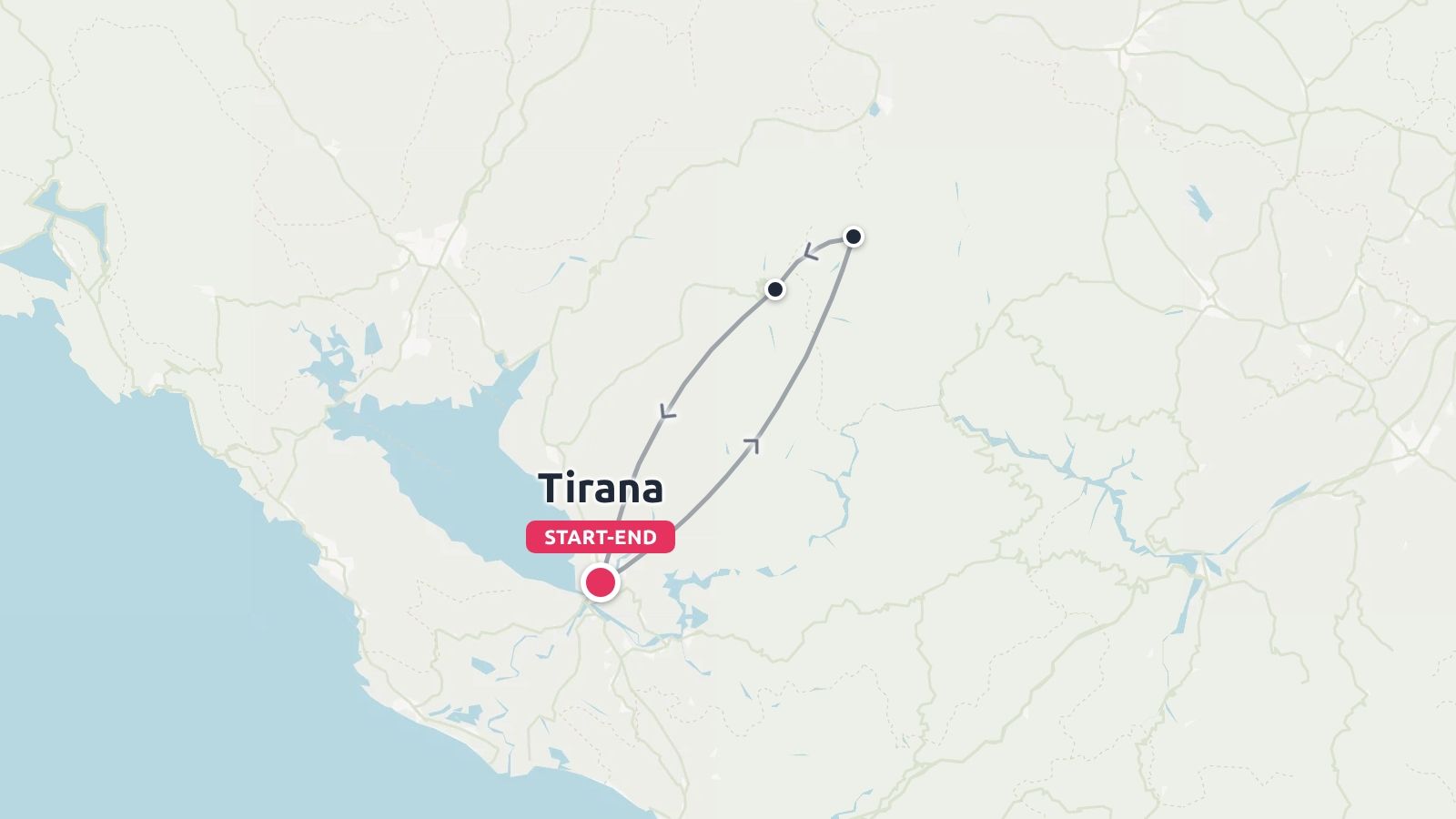 A travel map displaying a loop route starting and ending in Tirana, Albania, connecting several destinations.