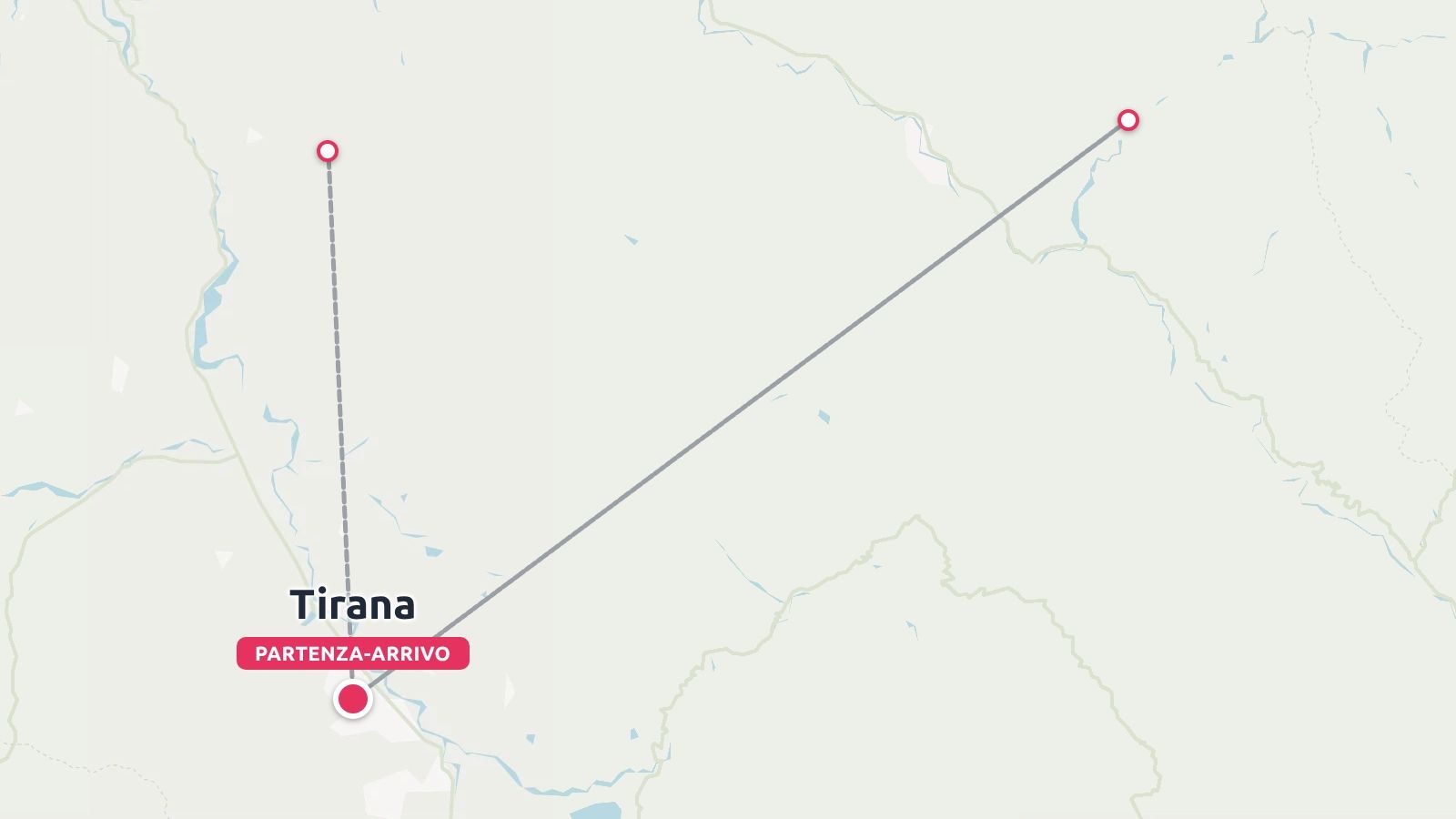 Una mappa di viaggio con linee che collegano i punti a Tirana contrassegnata come partenza e arrivo.
