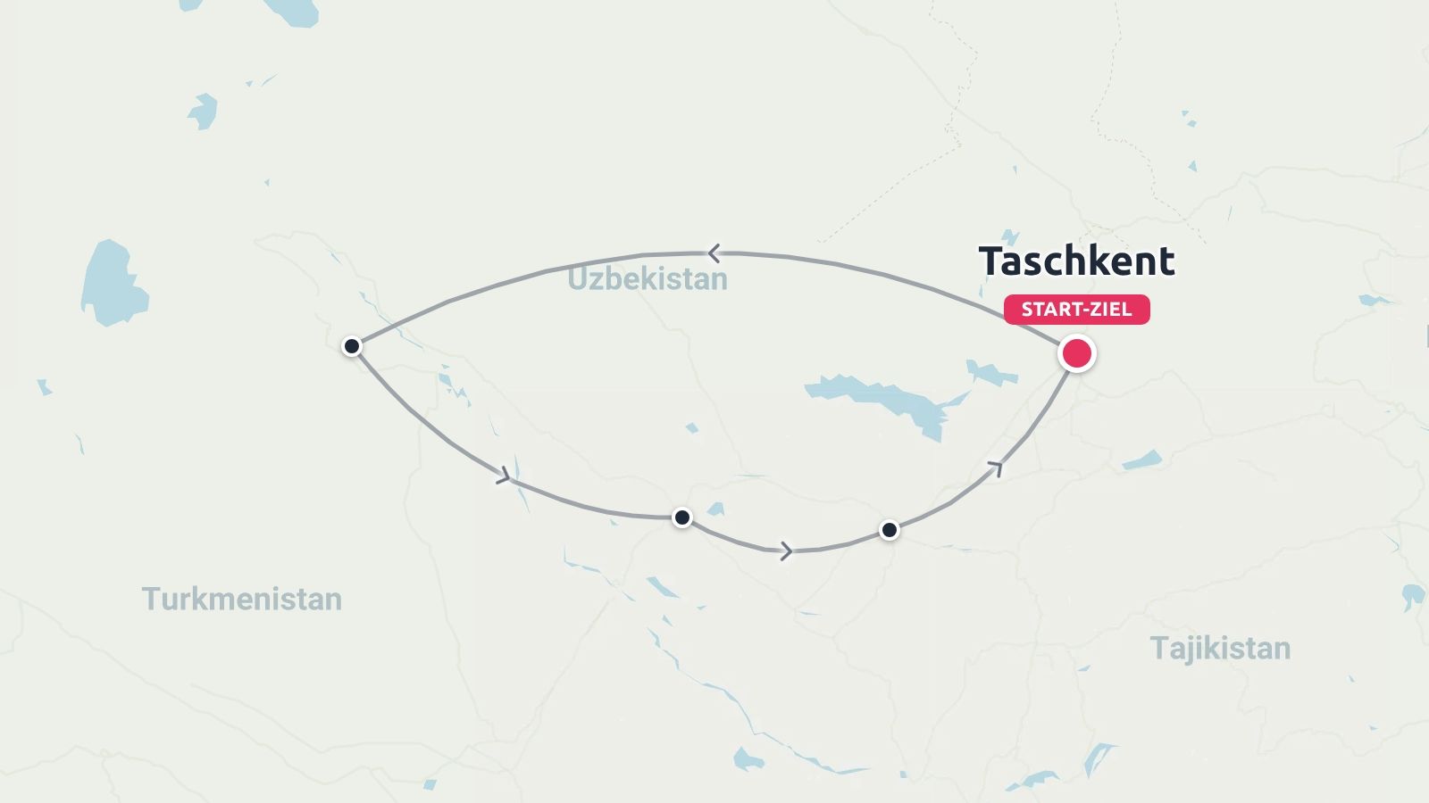 Eine Reisepasskarte von Usbekistan, die eine Rundreise mit Start und Ziel in Taschkent zeigt.