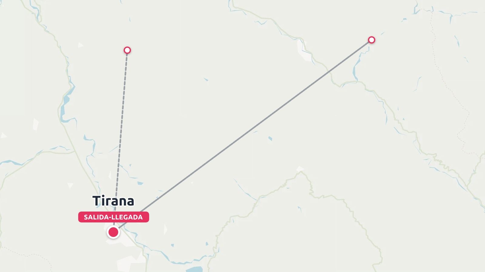 Un mapa de ruta de viaje que muestra un itinerario que empieza y termina en Tirana con puntos de parada intermedios