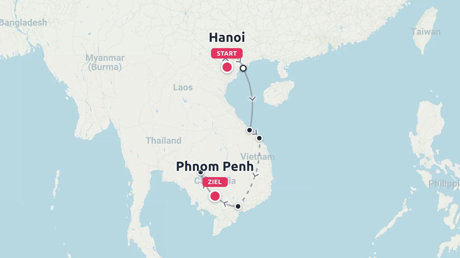 Reiseroute durch Südostasien mit Beginn in Hanoi, Vietnam, und Ende in Phnom Penh, Kambodscha.