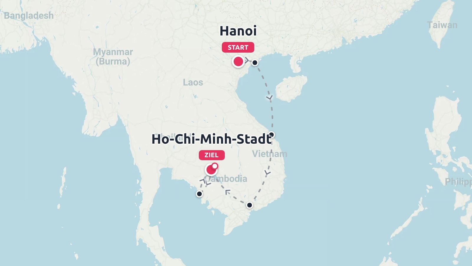 Reiseroute durch Südostasien mit einer gestrichelten Linie von Hanoi in Vietnam bis nach Ho-Chi-Minh-Stadt