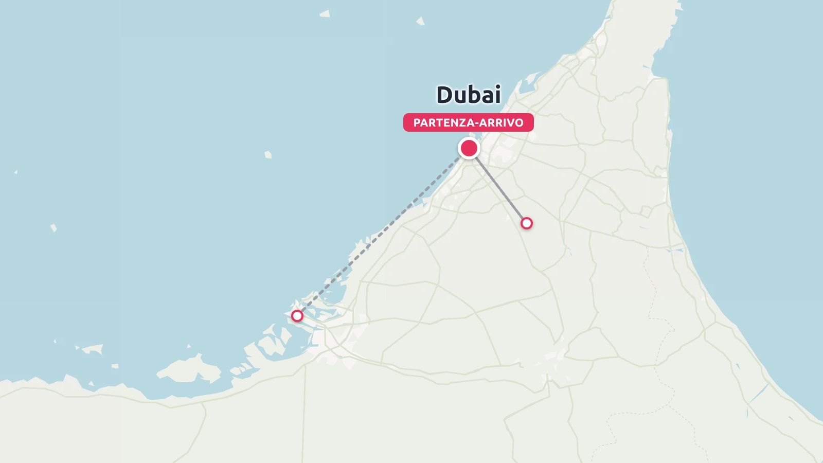 Una mappa dell'itinerario di viaggio che mostra Dubai come punto di partenza e di arrivo con linee di collegamento.