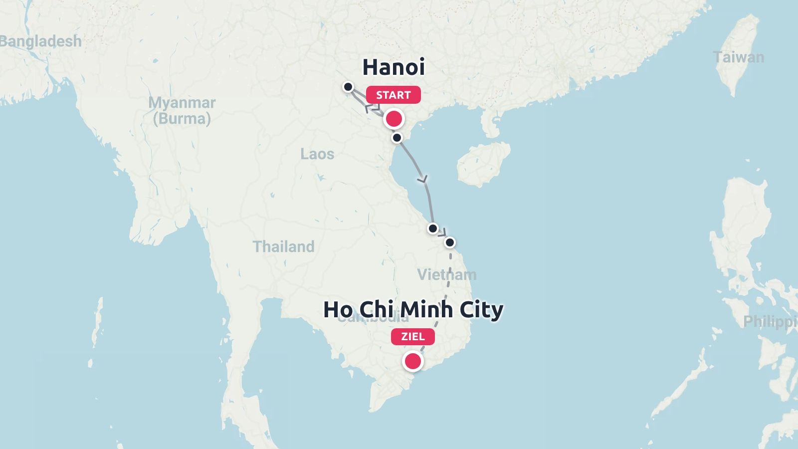 Eine Reiseroute durch Vietnam mit einer Routenlinie, die in Hanoi beginnt und in Ho-Chi-Minh-Stadt endet.