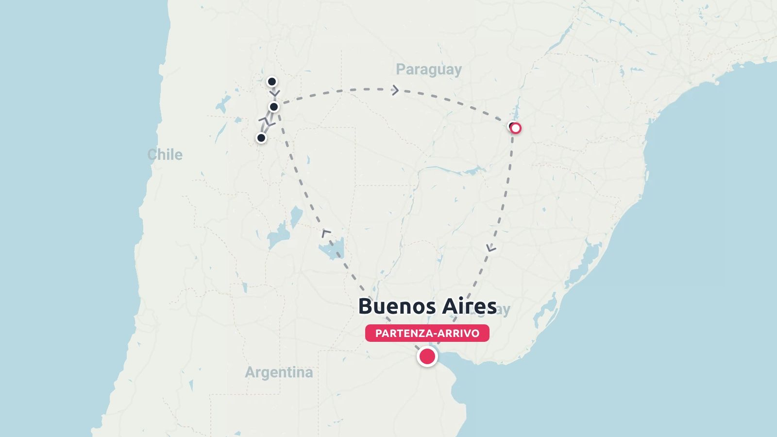 Un itinerario di viaggio in Argentina che mostra un anello con partenza e arrivo a Buenos Aires, con fermate vicino al Cile e al Paraguay.