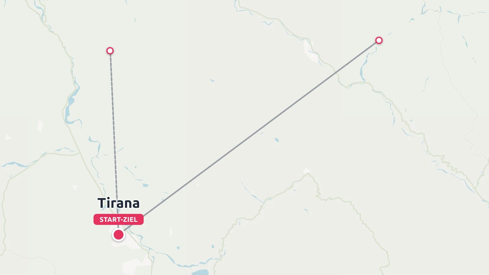 Reiseroute mit Linien, die Reiseziele verbinden, beginnend und endend in Tirana