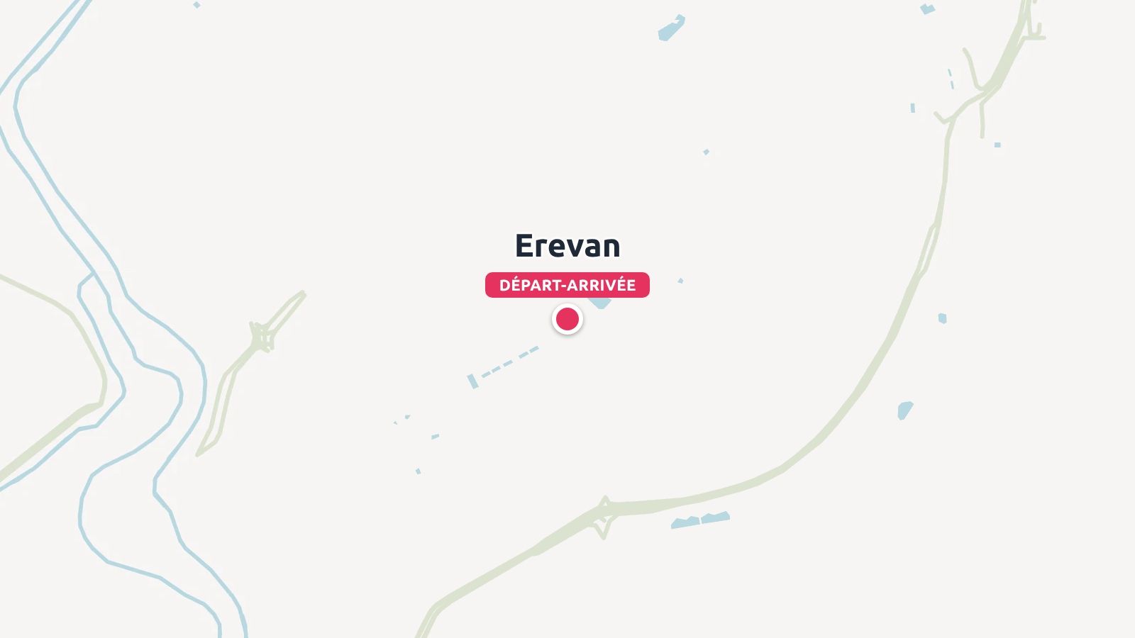 Une carte de voyage montrant Erevan comme point de départ et d'arrivée avec une épingle rose.